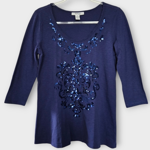 Style & Co Sequin Embellished Top Size MP Blue Holiday Evening Party Cotton - Picture 1 of 8